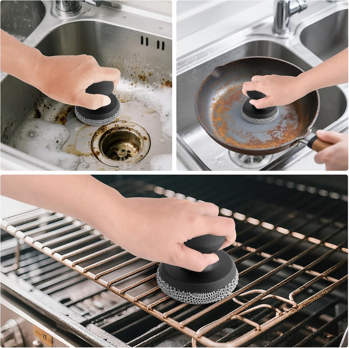 Cast Iron Scrubber Cleaner, Chainmail Scrubber for Cast Iron Pan Skillet, Dish Scouring Pad, Stainless Steel Brush/Scraper for Metal Skillet Scrubbing, Wok, Dutch Oven Cleaning Kit - Thin Mesh