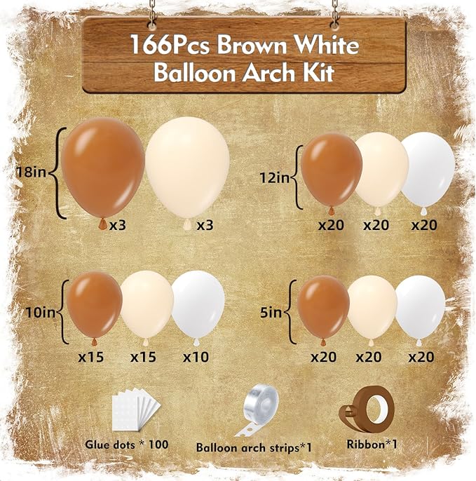 Neutral Balloon Garland Arch Kit 166Pcs, Boho Brown White Nude Balloon Arch, Different Sizes Brown Balloon for Woodland Birthday Teddy Bear Baby Shower Wedding Neutral Party Decoration
