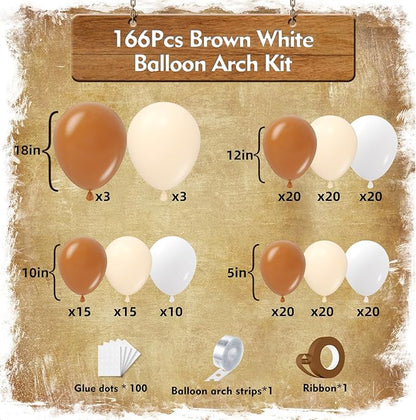 Neutral Balloon Garland Arch Kit 166Pcs, Boho Brown White Nude Balloon Arch, Different Sizes Brown Balloon for Woodland Birthday Teddy Bear Baby Shower Wedding Neutral Party Decoration
