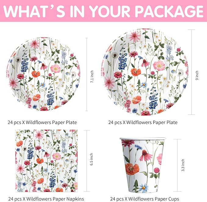 Floral Party Decorations Tableware, Spring Summer Flower Wildflower Party Supplies for Birthday Baby Shower, Paper Plate, Cup, Napkin, Tablecloth, Disposable Cutlery, Serves 24