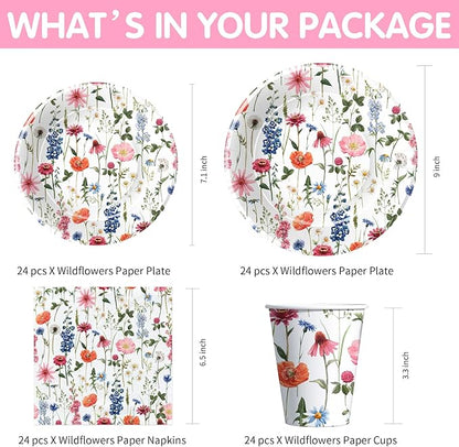 Floral Party Decorations Tableware, Spring Summer Flower Wildflower Party Supplies for Birthday Baby Shower, Paper Plate, Cup, Napkin, Tablecloth, Disposable Cutlery, Serves 24