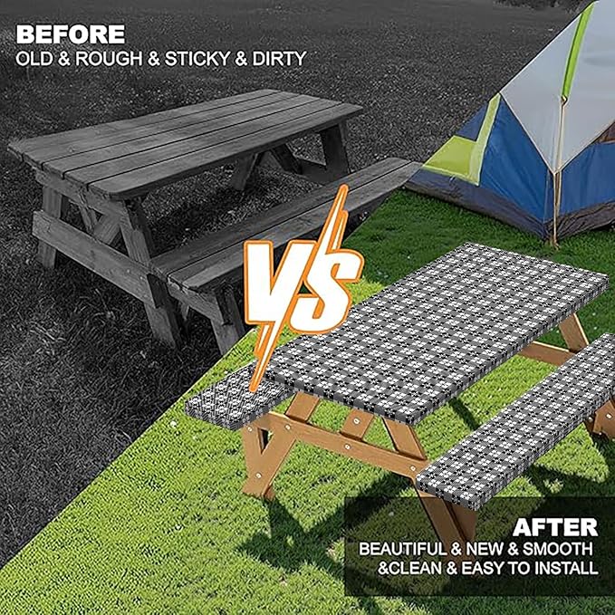 Picnic Table Cover with Bench Covers and Bag, Camping Essentials, Buffalo Plaid Waterproof and Windproof, Fitted Tablecloth Cover with Elastic Edge, for Outdoor, 3 PCS, (Black & White, 30"x96")