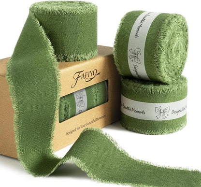 Moss Green Cotton Ribbon 1-1/2 Inch Moss Green 3 Rolls 21 Yards Frayed Edge Fabric Set for Rustic Wedding Decor, Bridal Bouquet Wrap, Woodland Theme Party, Baby Shower & Wreath Making