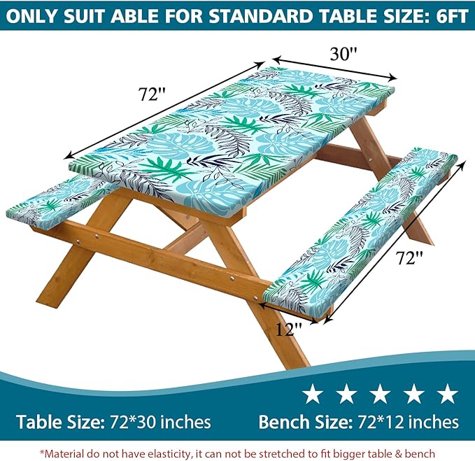 Palm Leaves Picnic Table Cover with Bench Covers, Waterproof Summer Tropical Hawaiian Green Leaves Tablecloth for Camping Indoor Outdoor Party Decorations, 30X72in