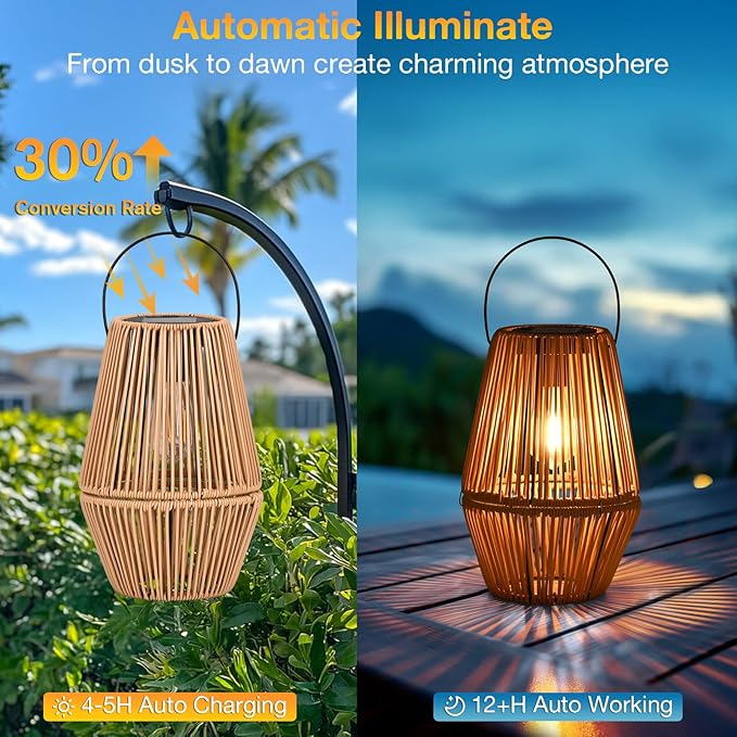 Uspring 2 Pack 3-in-1 Solar Lanterns Outdoor Waterproof Rattan Woven Hanging Solar Lights for Outside with Bright Lamp & LED Bead & 4 Handles, Garden Gifts Decor for Women Mom Patio Yard Porch