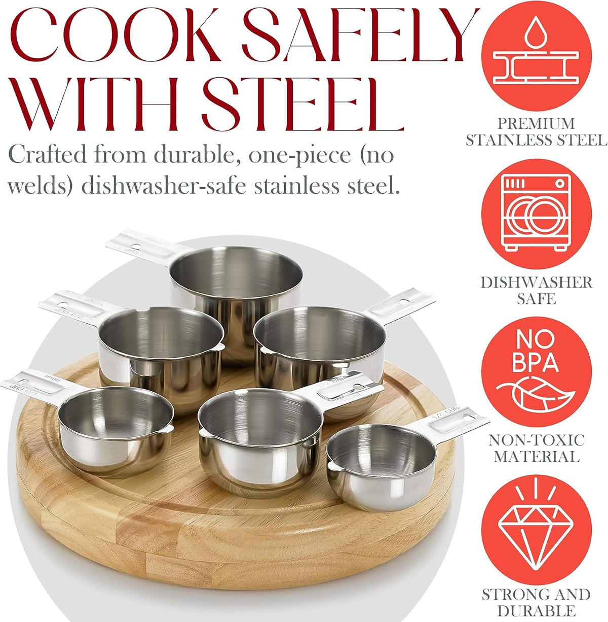 Bellemain One Piece Stainless Steel - Nesting measuring cups for Kitchen for Bakers, Dry - Ml & Oz measuring cup for Liquid, Metal, Set of 6
