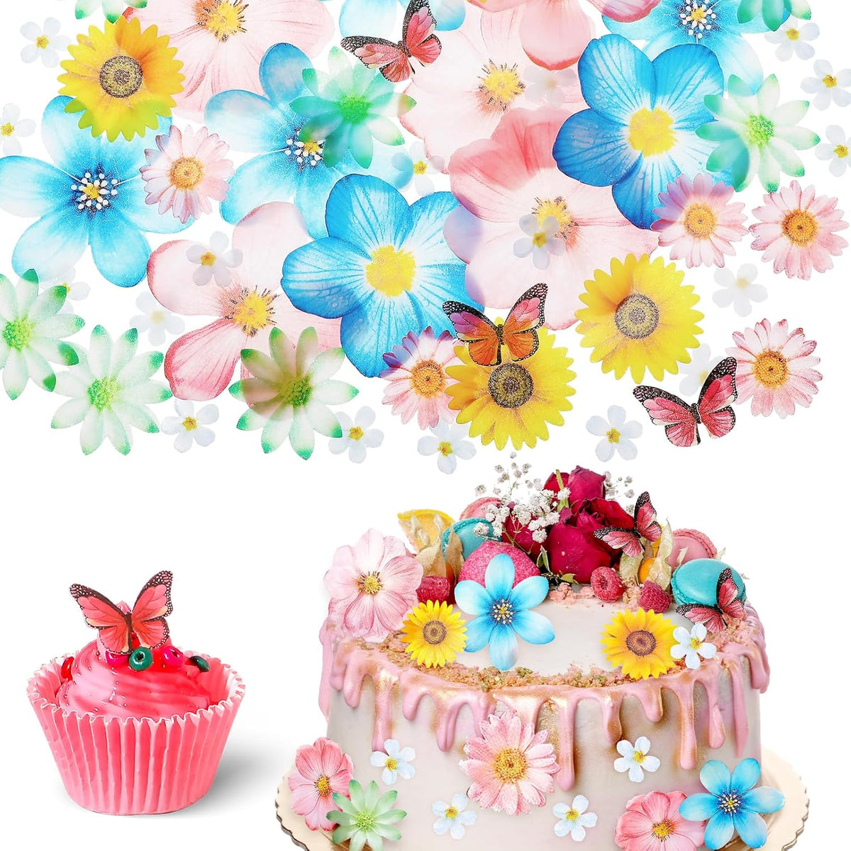 55 Pcs Edible Flowers & Butterflies Cake Decorations - Cupcake Toppers for Wedding, Birthday Party Food (Mixed Size & Colour)