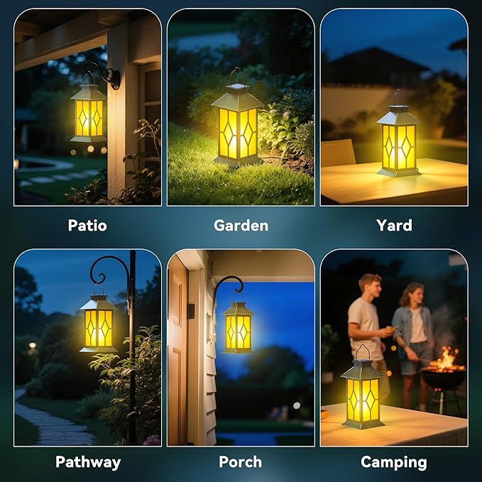 2Pack Patina 13" Metal & Glass Solar Lantern with Flickering Flame, Outdoor Waterproof Hanging Lantern for Garden Patio Yard Pathway Porch Decorative, Vintage Gifts for Mom