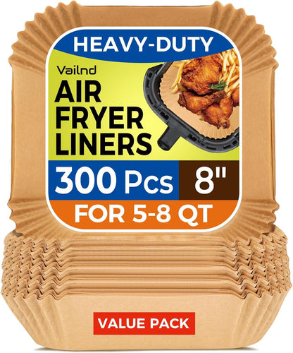 300 Pcs Air Fryer Paper Liners, 8" Square Air Fryer Liners Disposable, Heavy-duty Parchment Paper for 5-8 qt Airfryer Basket, Non-Stick & Grease Proof Baking Liner for Oven Pan