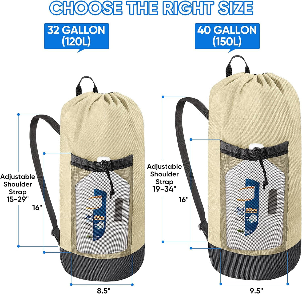 BALEINE 150L Laundry Bag Backpack, 900D Oxford Fabric Large Travel Laundry Bags with Shoulder Straps and 2 Mesh Pockets for College Dorm, Apartment, Laundromat (Beige, 150L)