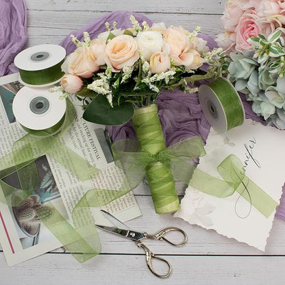 Sage Green Organza Ribbon - 1 Inch x 75 Yds, Light Green, Clear, Chiffon, Tulle for Gift Wrapping, Christmas, Wedding, Invitations, Wreaths, Bows, Crafts