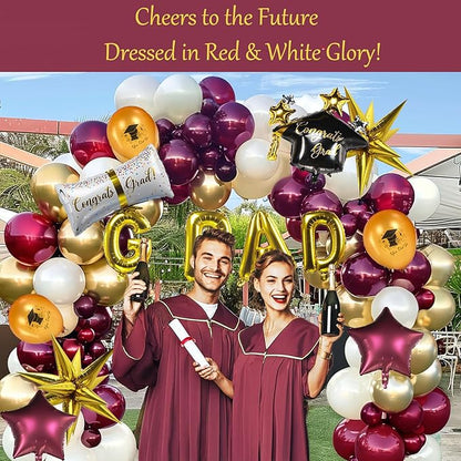 Maroon gold white Graduation Balloon Garland Arch Kit 115PCS with Graduation Star print Certificate Letter Mylar Foil Balloons for Graduate Class of 2026 Grad Prom party Decorations Supplies
