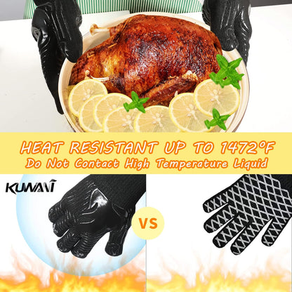 BBQ Gloves, 1472°F Heat Resistant Fireproof Mitts, Silicone Non-Slip Washable Oven Kitchen Gloves for Barbecue, Grilling, Cooking, Baking, Camping