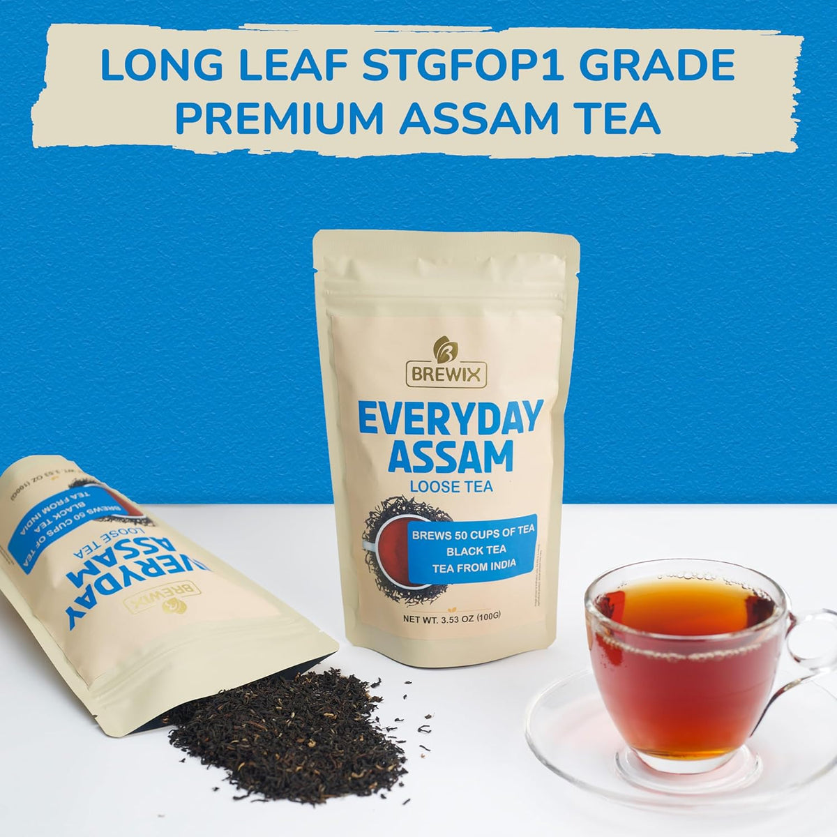 Brewix, Assam Black Tea Leaves (50+ Cups, 3.53oz/100g) High Caffeine Gluten Free, Strong and Malty, Loose Leaf, Resealable Bag