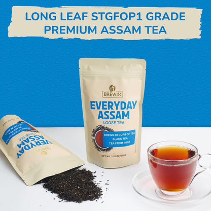 Brewix, Assam Black Tea Leaves (50+ Cups, 3.53oz/100g) High Caffeine Gluten Free, Strong and Malty, Loose Leaf, Resealable Bag