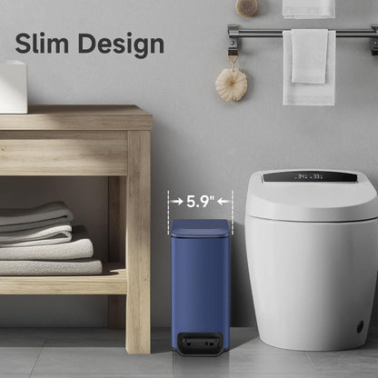 TIPGO Slim Bathroom Trash Can with Lid Soft Close, Step Pedal, 6 Liter / 1.6 Gallon Stainless Steel Trash Bin, Small Garbage Can for Bedroom, Office, Kitchen (Navy Blue)