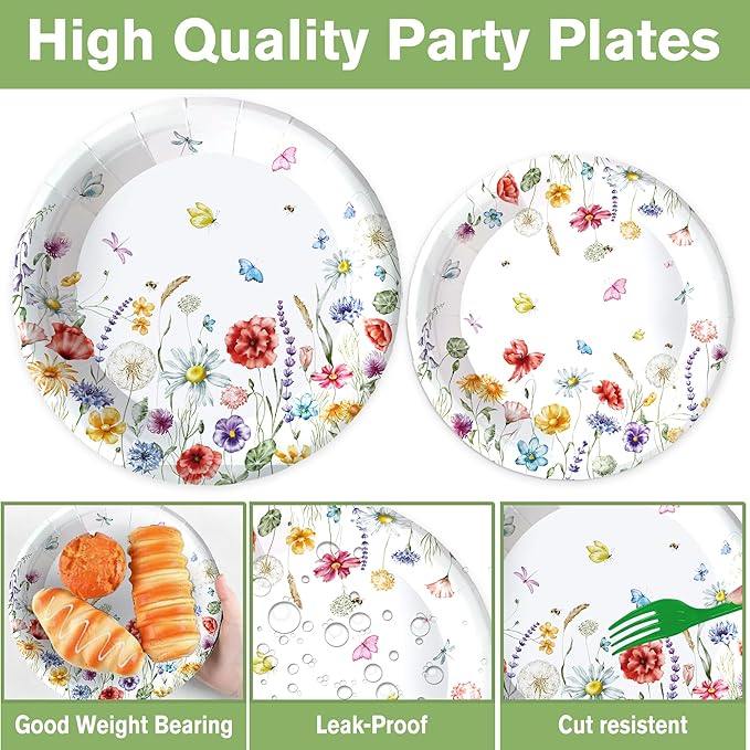 152 Pcs Spring Wildflower Party Decorations Include Plates, Napkins, Cups, Banner, Tablecloth for Floral Birthday Wedding Baby Shower Party, Serve 24