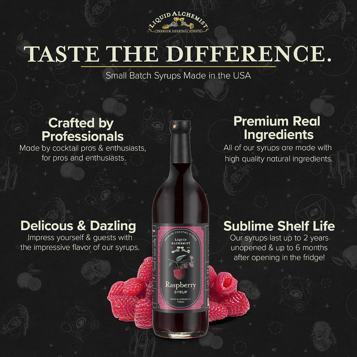 Liquid Alchemist Raspberry Syrup for Cocktails | Real Ingredients Make our Raspberry Syrup for Drinks a great Margarita Mix | Small Batch, Non-GMO &amp; Vegan | 25.4 oz Drink Mixer, Pack of 1