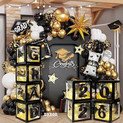 2026 Graduation Balloon Boxes Decorations, 4pcs Graduation Blocks with 32pcs Balloons “GARD” “2026” Letters, So Pround of You Decorations for Class of 2026 Party Supplies for College, High School