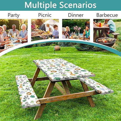 Jungle Safari Picnic Table Cover with Bench Covers, Camping Essentials, Animal Print Waterproof Windproof Table Cover, Fitted Tablecloth Cover with Elastic Edge, for Indoor & Outdoor 3 PCS 30x96 Inch