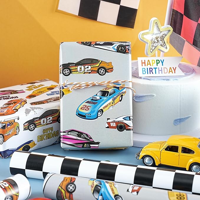 WRAPAHOLIC Racing Car Birthday Wrapping Paper - Mini Roll - 3 Rolls - 17 Inch x 120 Inch - Checkered Flag Car Wrapping Paper for Kids Boys Birthday, Baby Shower
