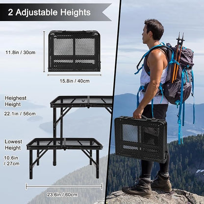 Folding Grill Table Camping Table with Mesh Desktop, Lightweight & Portable Outdoor Picnic Table, Height Adjustable Portable for Outside Inside Use