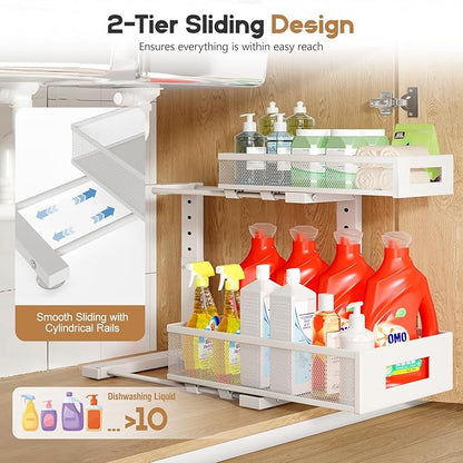 1 Pack-11.4"-16.14"H Under Sink Storage Organizer, Large 2-Tier Elegant Mesh Pull Out Shelf for Kitchen and Bathroom Cabinet Organization, L-Shaped and Adjustable Height Design for Maximum Space-White
