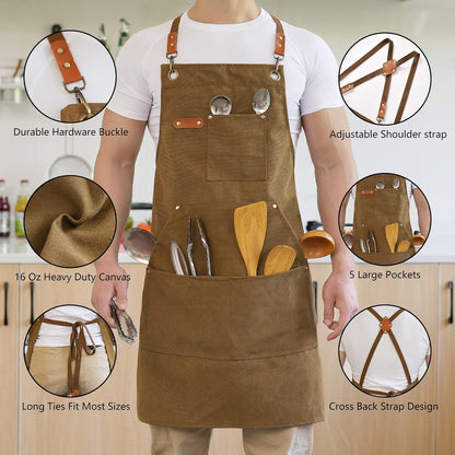 Canvas Aprons for Men Chef Apron, Work Apron with Large Pockets - 16oz Heavy Duty Cross Back, BBQ, Cooking