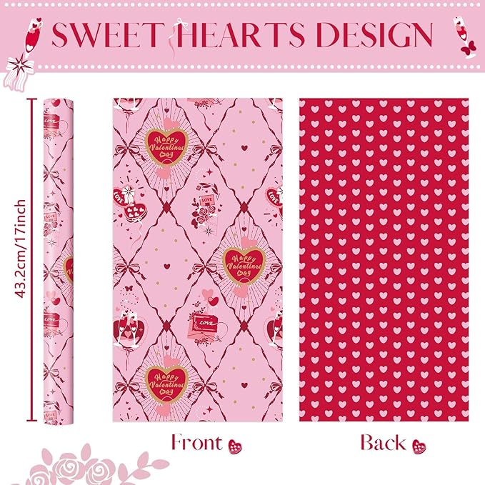 WERNNSAI Valentines Wrapping Paper Roll - 1 Roll 17’’ x 33ft Valentines Day Wrapping Paper Pink Red Heart Gift Packing Decorations for Men Women with Cutting Line Bridal Shower Wedding Supplies