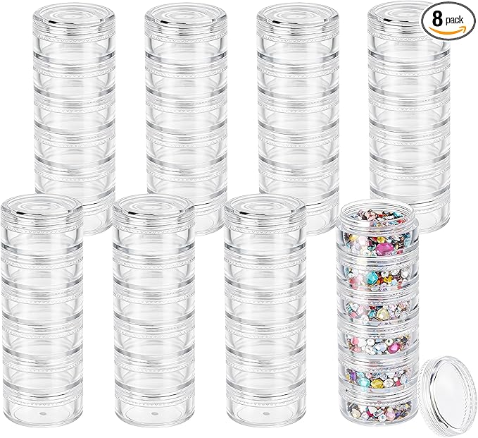 8 Sets 6 Layer Stackable Plastic Containers, 10G/10ML Clear Cosmetic Storage Box Round Organizer Jars for Beads, Buttons, Small Jewelry Findings