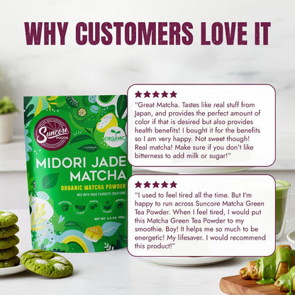Suncore Foods Organic Midori Jade Matcha Powder 3.5oz | Gluten Free | Vegan | Natural Green Food Coloring, Japanese Premium Culinary Grade Matcha, For Baking, Desserts, Lattes, Non-GMO, Resealable Pouch
