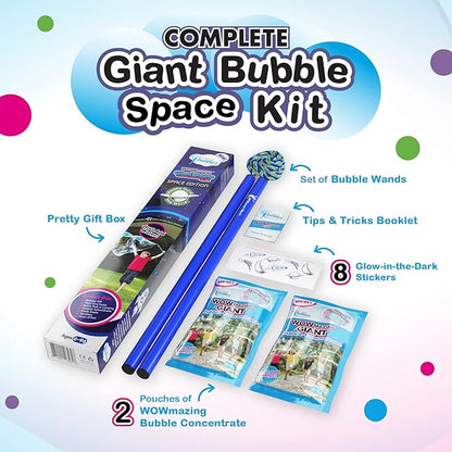WOWMAZING Giant Bubble Kit: Space - Incl. Wand, 2 Big Bubble Concentrate Pouches and 8 Glow-in-The-Dark Stickers | Outdoor Toy for Kids, Girls | Bubbles Made in The USA - Space Kit