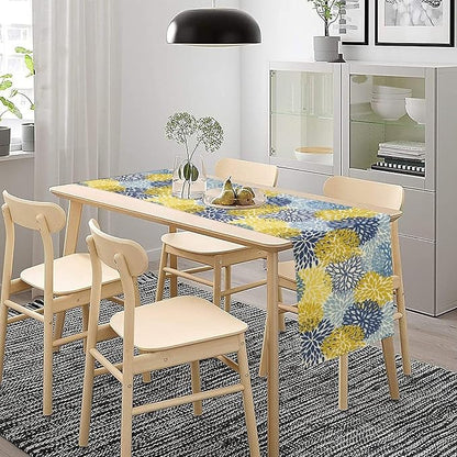 Dahlia Flower Table Runner,Blue Yellow Floral Print Table Runner for Kitchen Dining Table Dinner Holiday Home Party Indoor Outdoor Decor 13x108in