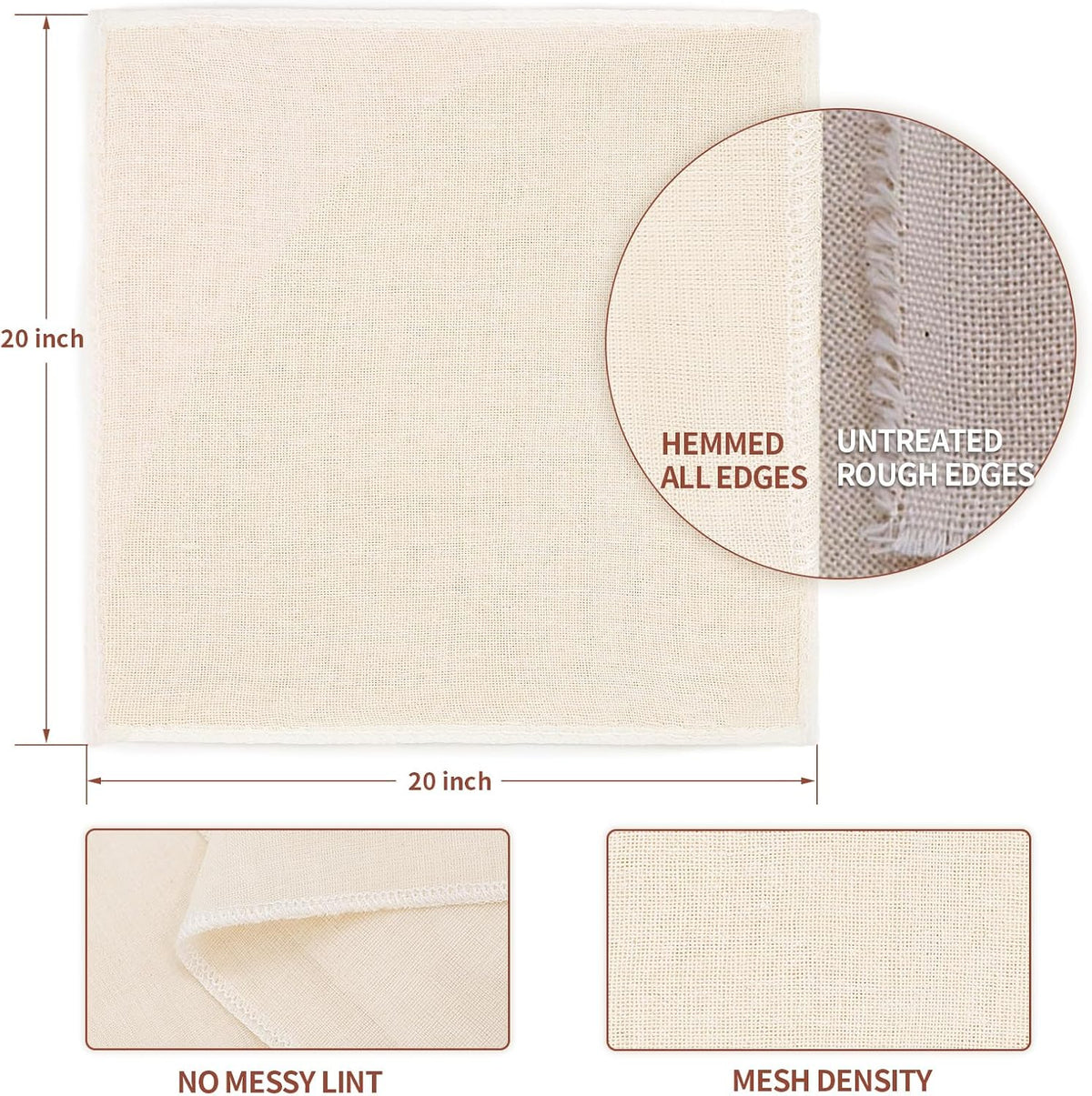 20Pcs Reusable Cheesecloth for Straining 20x20 Inch,100 Grade Cheese Cloths Hemmed Edges, 100% Unbleached Cotton Cheese Cloth
