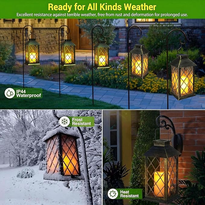 Yowin Solar Lanterns Outdoor Waterproof 14" Large Tempered Glass Solar Hanging Lantern for Outside with Flickering Candle, Mother's Gift Ideas, Wall Lamp for Garden Patio Vintage Decorations - Bronze