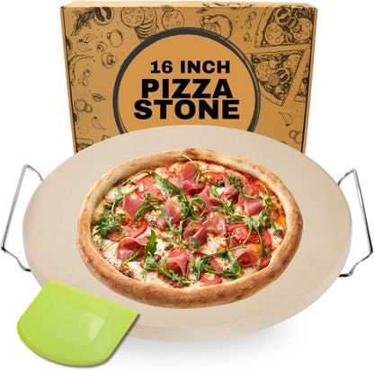 16 inch Round Pizza Stone for Oven - Large Pizza Stone for Grill with Handles and Dough Tool - Round Baking Stone for Bread