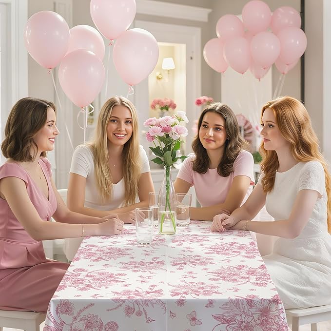 3 Pcs Pink Floral Plastic Tablecloths, 54 X 108Inch Tea Party Tablecloth Disposable Wedding Table Cloth Pink and White Porcelain Tables Decor for Garden Wedding Tea Party Birthday Baby Bridal Shower