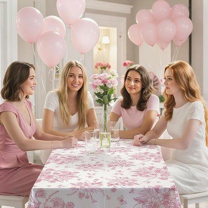 3 Pcs Pink Floral Plastic Tablecloths, 54 X 108Inch Tea Party Tablecloth Disposable Wedding Table Cloth Pink and White Porcelain Tables Decor for Garden Wedding Tea Party Birthday Baby Bridal Shower