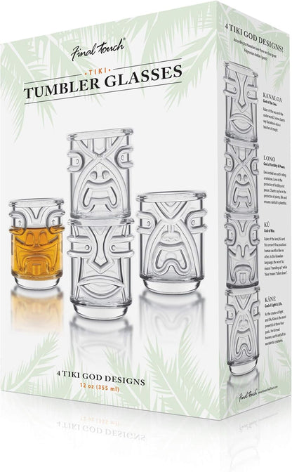 Final Touch Tiki Glasses Set of 4 - Kanaloa, Lono, Kū, Kāne Designs, 12 oz (355 ml), Clear, Stackable Totem Pole Storage