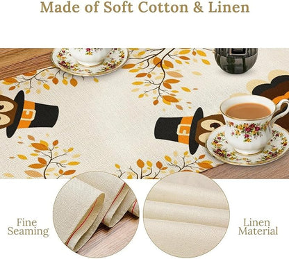 Thanksgiving Turkey Table Runner, Cartoon Turkey Autumn Branch Yellow Leaves Fall Harvest Kitchen Dining Table Decoration for Indoor Outdoor Farmhouse Home Party Decor, 13x60inch