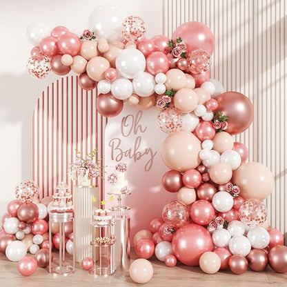 MEBAY 147PCS Rose Gold Balloon Garland Arch Kit, Pearl Rose Gold Metallic White Nude Balloons with Confetti for Wedding Bridal Shower Princess Party Girl Birthday Baby Shower Decorations