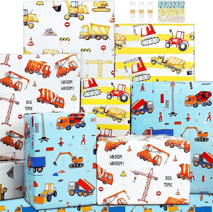 Gift Wrapping Paper Boy Kids Birthday Wrapping Paper Sheet Bulldozer Mixers Dumper Vehicles Pattern Excavator Tractor Dump Truck Road Under Construction Digger Wrapping Paper Birthday Gift Wrap