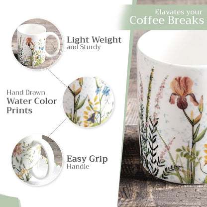 Maison d' Hermine Coffee Mug with Handles Fine Bone China Mugs Pack of One Tea Cups for Hot Beverages Cappuccino Latte Home Restaurant Office Perfect for Gift (Fleurs De Mai - Prairie, 12 Ounce)
