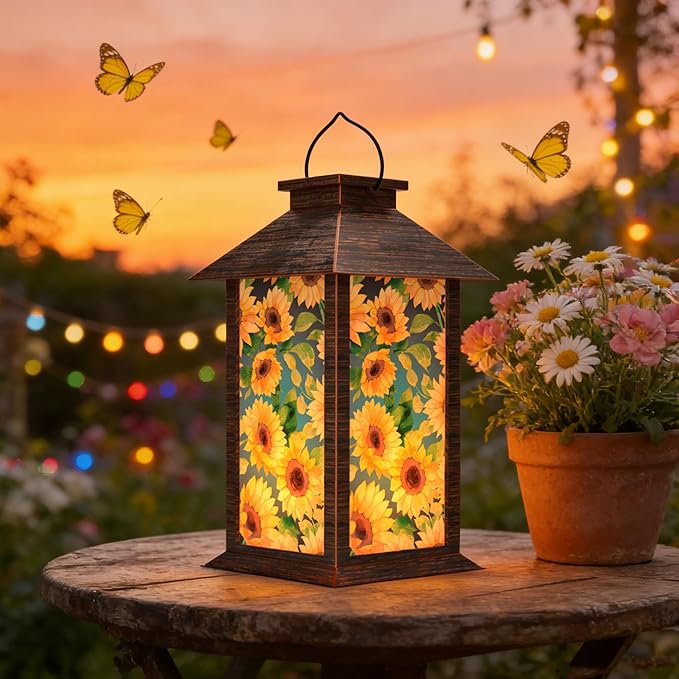 Solar Lanterns Outdoor, Waterproof Garden Sunflower Solar Lantern, 13" Outdoor Lantern with LED Flickering Flameless Candles, Lanterns for Women Mom Gifts Decorative for Porch, Yard, Patio