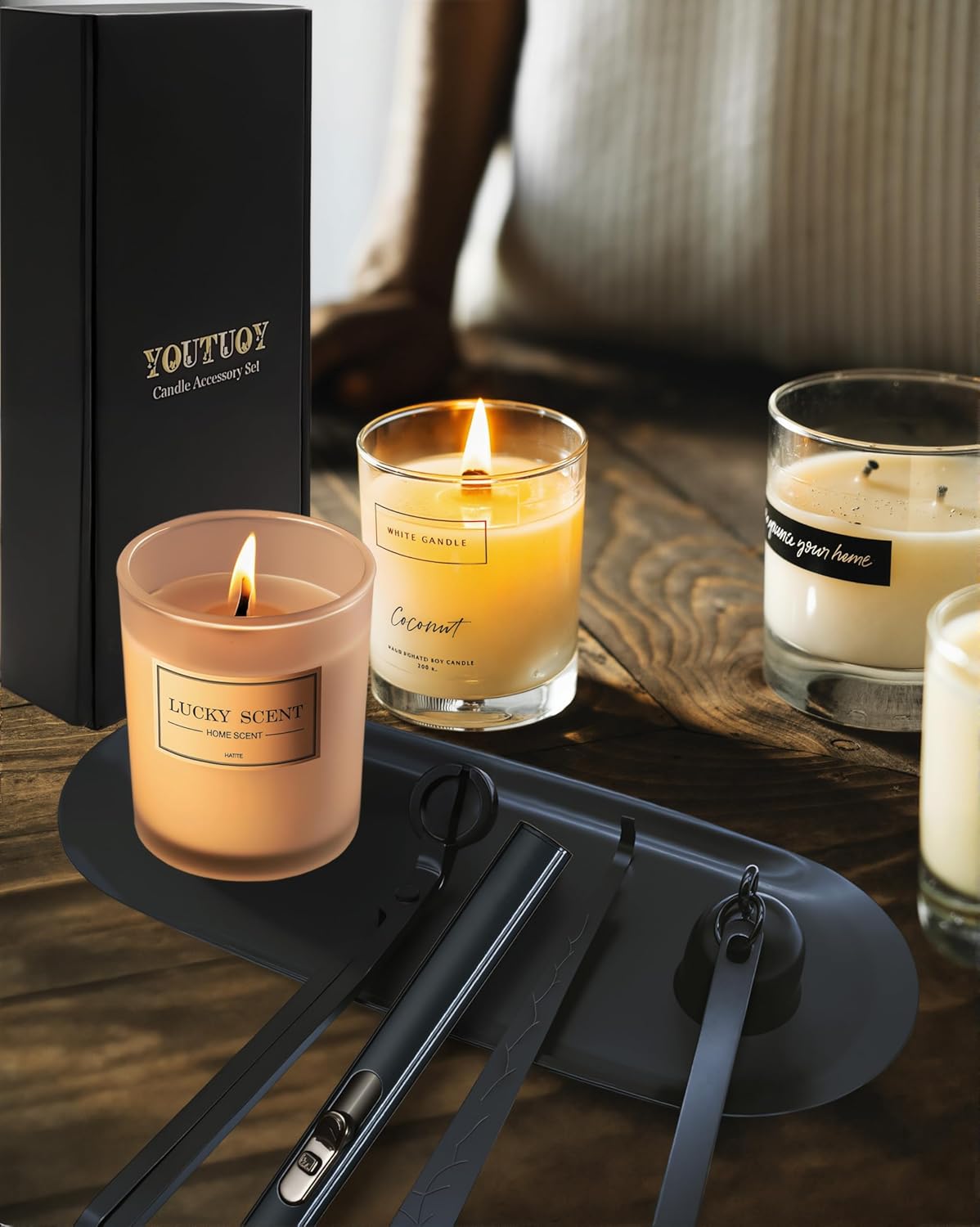 5 in1 Candle Accessory Set with Rechargeable Candle Lighter, Candle Wick Trimmer, Candle Wick Snuffer, Candle Wick Dipper, Storage Tray Plate, Candle Care Kit (Matte Black)