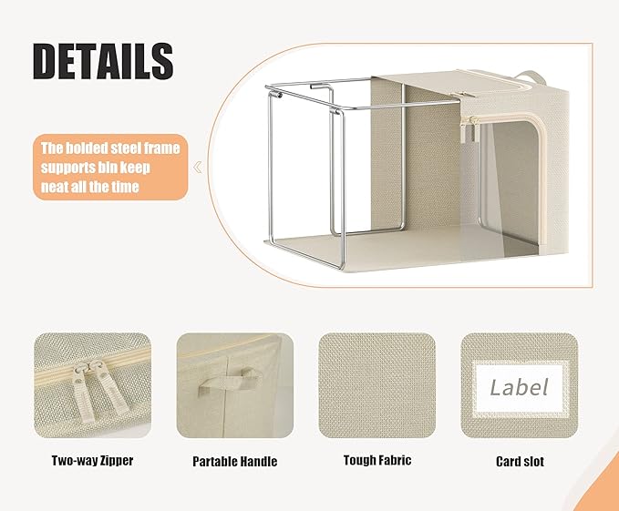 3 Opeings Large Clothes Storage Bins with Metal Frame, Foldable Storage Bin for Clothes, Clothing Storage Bins with Lid, Linen Storage Box With Clear Window＆ Zippers＆ Durable Handles.(3 Pcs,Beige,66L)
