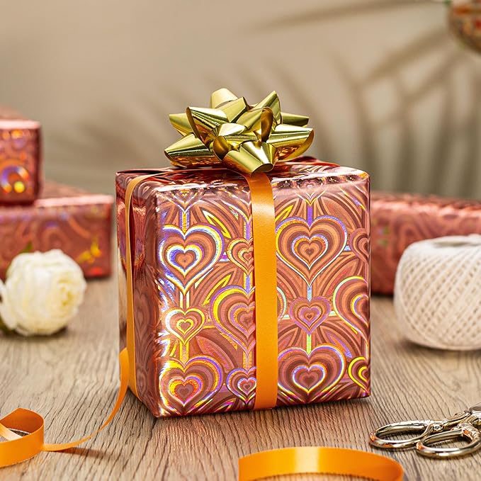 Burymento Rose Gold Wrapping Paper Roll, Metallic Holographic Heart Gift Wrap for Birthday, Valentines, Mothers day, Graduation, Wedding, Fathers day, Baby Shower, Christmas (17 IN x 32.8 FT)