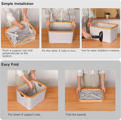 efluky Storage Baskets for Organizing, Fabric Storage Bins with Bamboo Handles, Collapsible Storage Baskets for Shelves and Closet (Black, 16.2'' x 13'' x 9.1'')