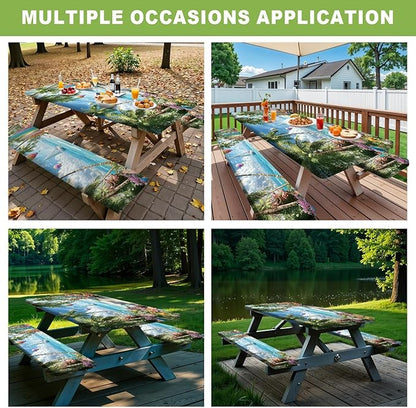 ANNA QUEEN Hot Air Balloon Summer Flower Picnic Table Cover 6FT with Bench Covers Picnic Table Cover Set 3PCS 72"x30", Outdoor Bench and Tablecloth Furniture Protection