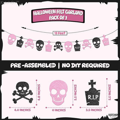 KatchOn Pink Black Felt Skull Garland - 13 Feet, No DIY | Felt Halloween Garland, Skull Party Decorations | Pink Halloween Decor